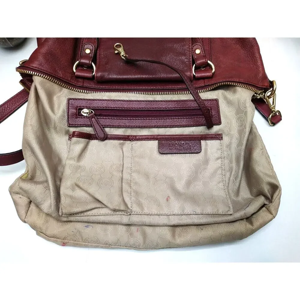 Michael Kors Maroon Leather Lock Double Handles Zipper Satchel Bag